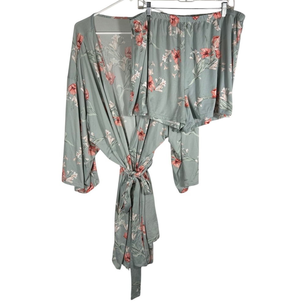 Flora by Flora Nikrooz Womens 1X Pajama Set Robe Shorts Sage Green Floral Print